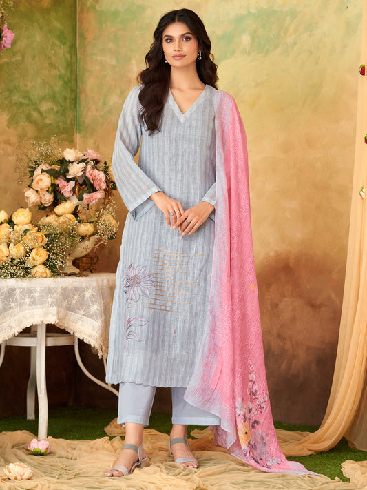 QASIDA LIGHT BLUE Pure Linen Suit Set with Exquisite Handwork & Embroidery