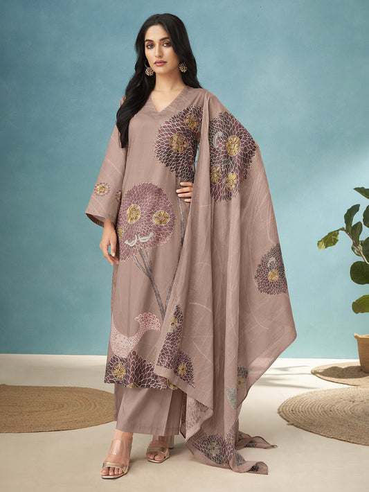 SWAN ICELAND Metallic Brown Pure Dhakamal Suit Set With Hand work