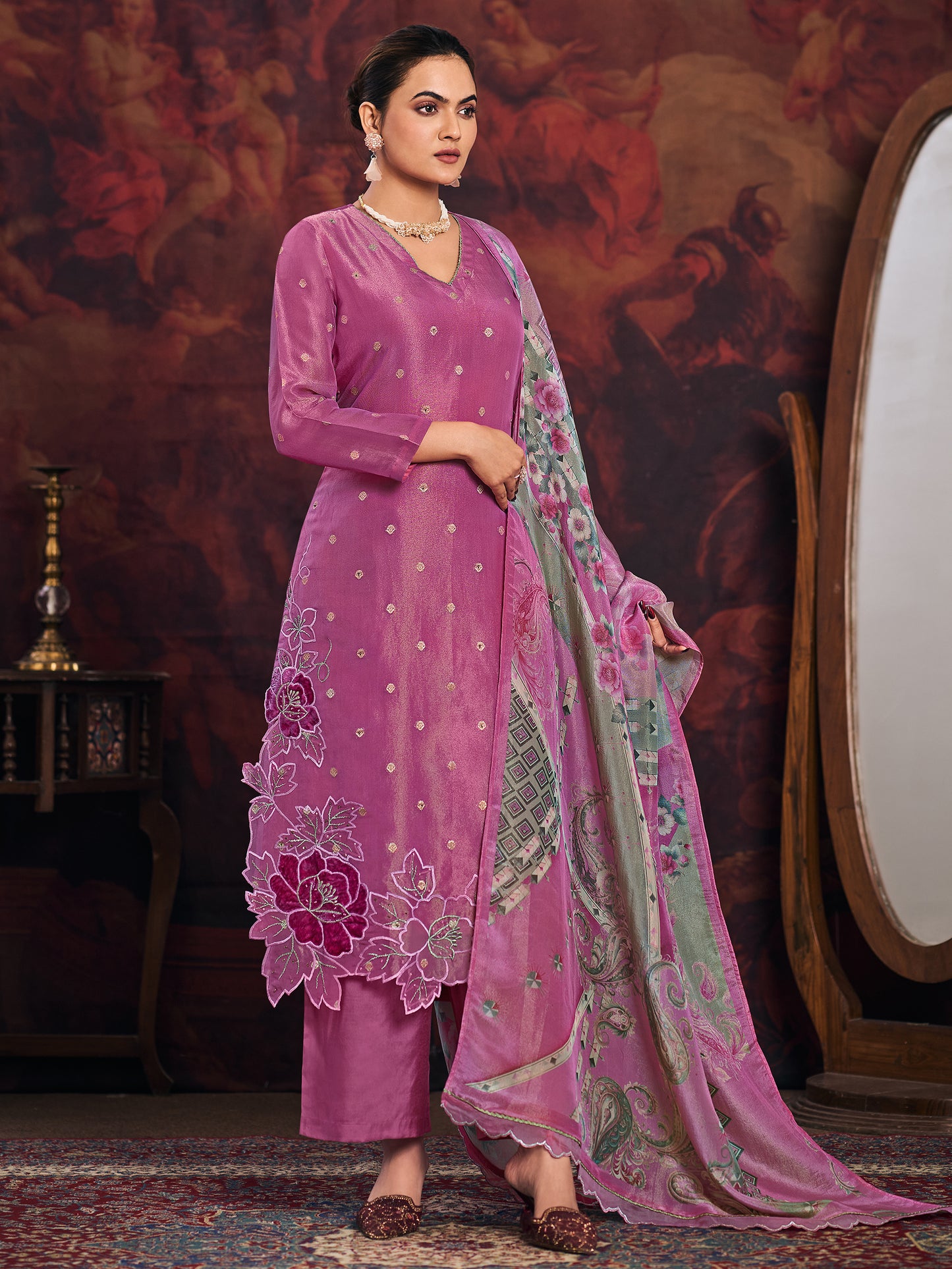 DISHITA WINE Pure  Simmer Suit Set with Exquisite Handwork, Elegant Embroidery & Thread Detailing