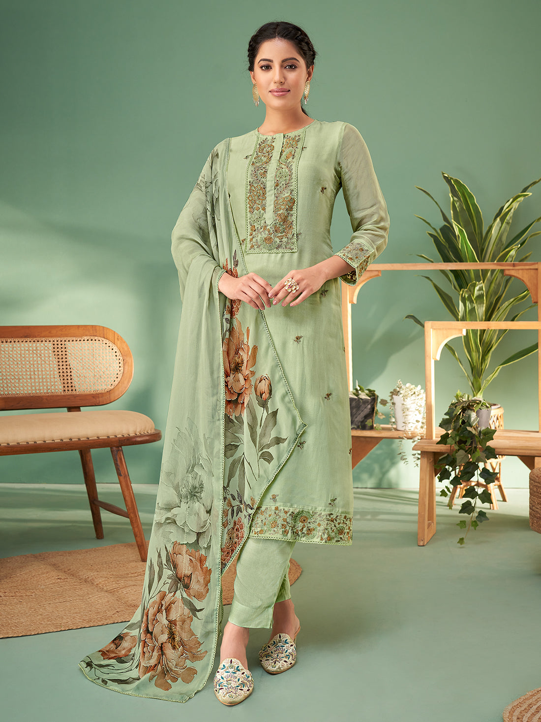 Sagar Green Organza  Stitched Suit With Fancy Hand Work & Embroidery
