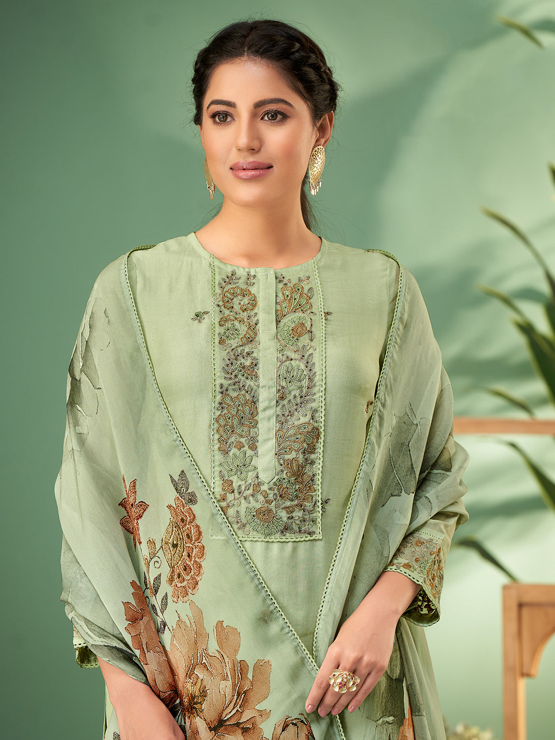 Sagar Green Organza  Stitched Suit With Fancy Hand Work & Embroidery