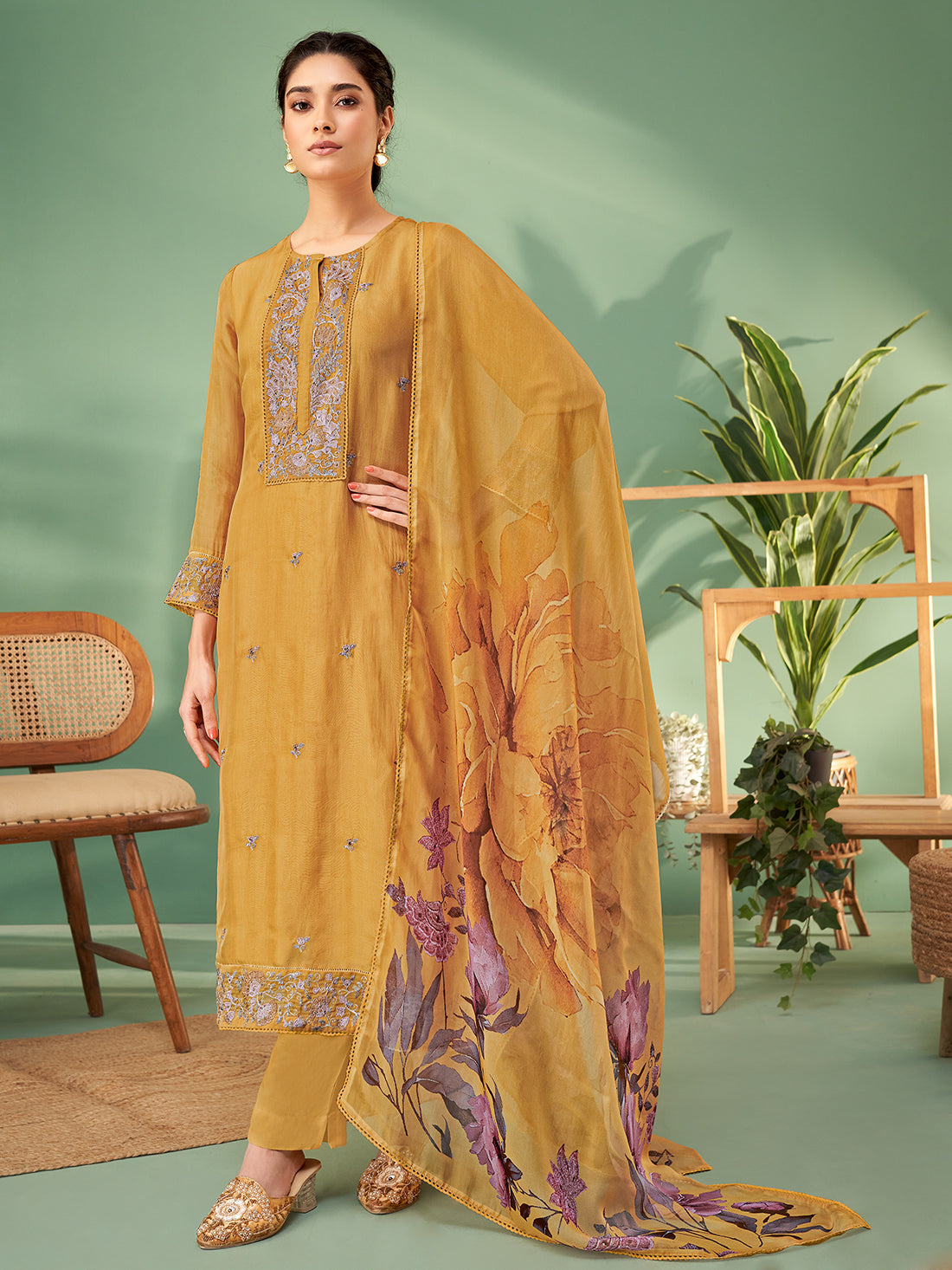 Sagar YELLOW Organza Unstitched With Fancy Hand Work & Embroidery