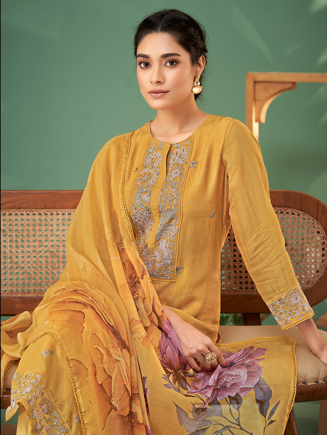 Sagar Yellow Organza  Stitched Suit With Fancy Hand Work & Embroidery