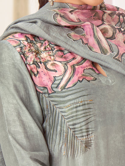 PAKHI Light Bluish Grey -  Muslin Suit Set With Fancy Handwork & Butta Patch