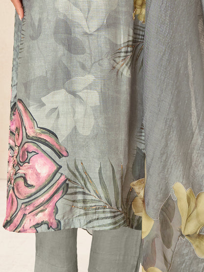 PAKHI Light Bluish Grey -  Muslin Suit Set With Fancy Handwork & Butta Patch