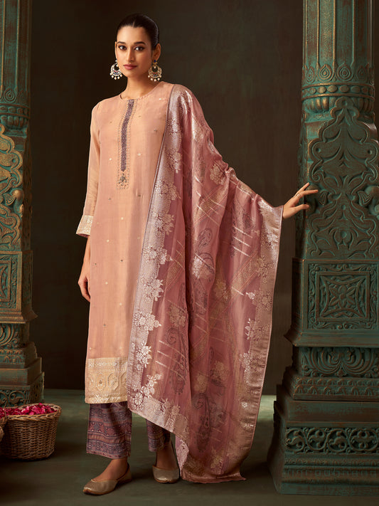 Zulekha Regal Rust Pure Fancy Jacquard Suit Set with Exquisite Handwork