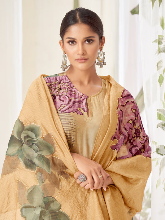 PAKHI Metallic light chikoo - Muslin Suit Set With Fancy Handwork & Butta Patch