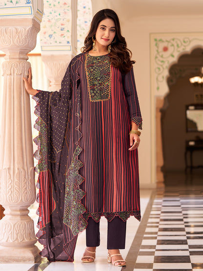 BAAGH WINE Simmer Unstitched Set With Handwork & Embroidery