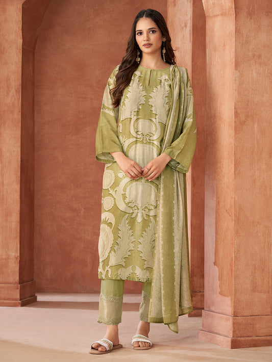 RUBI Light Mehendi Green - Muslin Suit Set With Fancy Handwork &  Embroidery