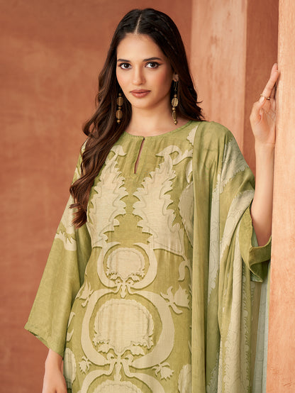 RUBI Light Mehendi Green - Muslin Unstitched Set With Fancy Handwork &  Embroidery