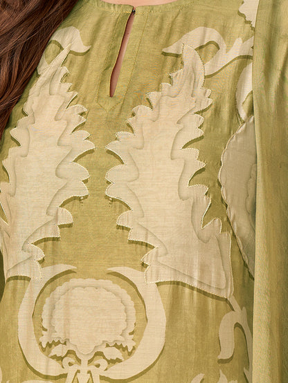 RUBI Light Mehendi Green - Muslin Unstitched Set With Fancy Handwork &  Embroidery