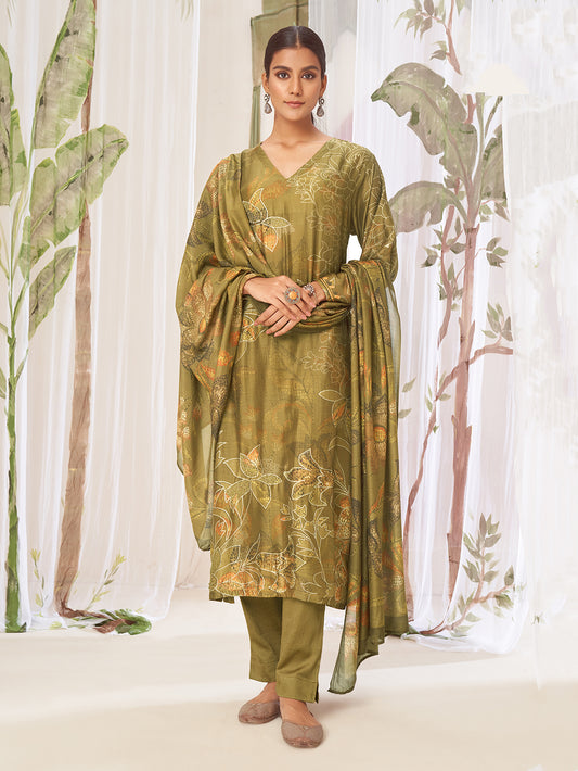 SUKOON Mehendi - Muslin Suit Set With Fancy Handwork