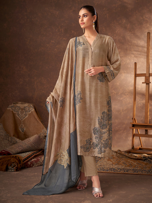 VEDA METALLIC LIGHT BROWN Muslin Suit Set With  Handwork &Embroidery And Threadle