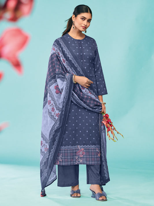 AMRIT ROYAL BLUE Pure Cotton Unstitched Set with Exquisite Handwork