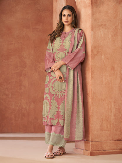 RUBI Pinkish -Muslin Unstitched Set With Fancy Handwork &  Embroidery