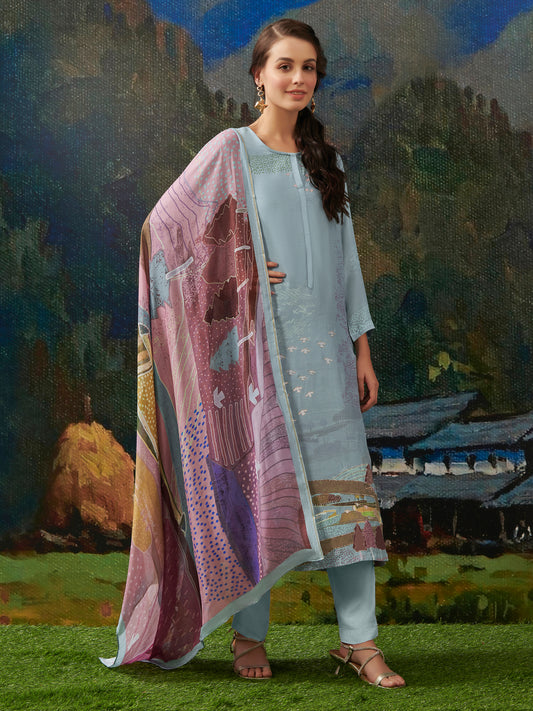 POORVA Serene Light Blue Pure Cashmiri Silk Suit Set with Exquisite Handwork
