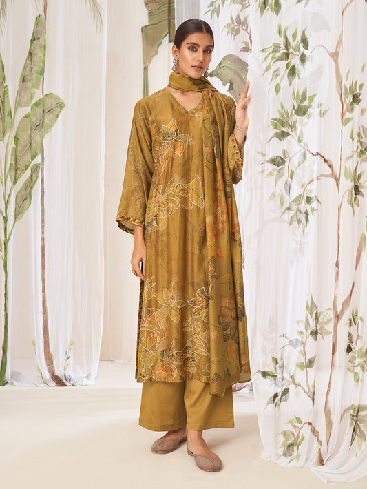 SUKOON Mustard Yellow -  Muslin Suit Set With Fancy Handwork