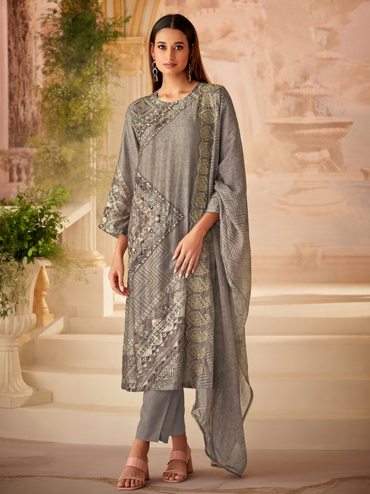 Elegant Rakhi Grey Muslin Suit Set with Stunning Handcrafted Embellishments