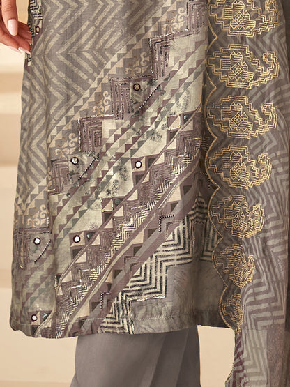 Elegant Rakhi Grey Muslin Suit Set with Stunning Handcrafted Embellishments