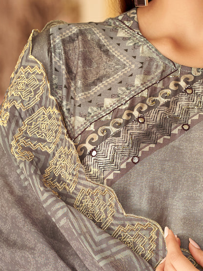 Elegant Rakhi Grey Muslin Suit Set with Stunning Handcrafted Embellishments