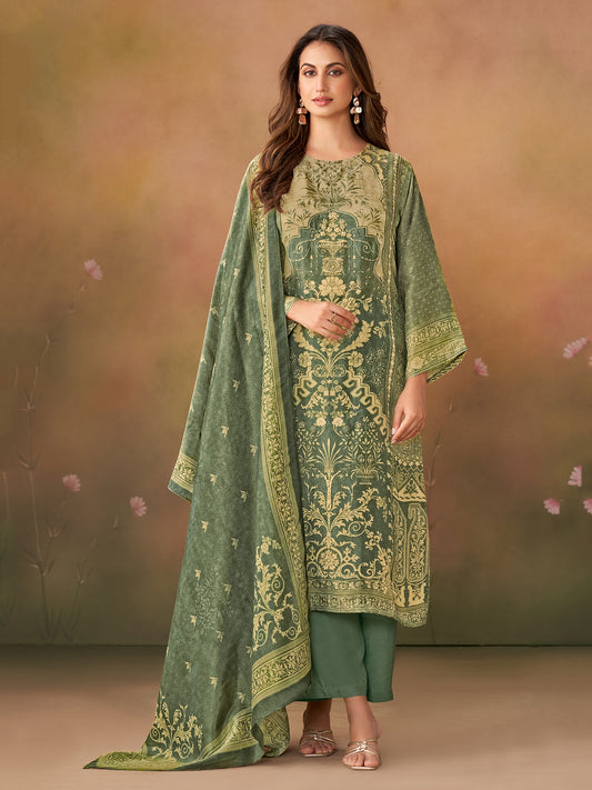 Nazm Rama Green: Pure Simmer Tissue Suit Set with Delicate Handwork