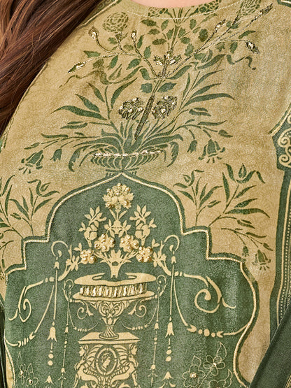 Nazm Rama Green: Pure Simmer Tissue Suit Set with Delicate Handwork