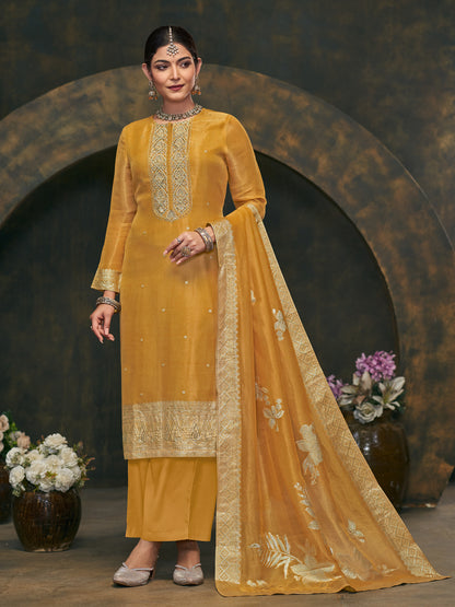FUSHIA YELLOW Pure Fancy Simmer Unstitched Set with Intricate Handwork & Elegant Embroidery
