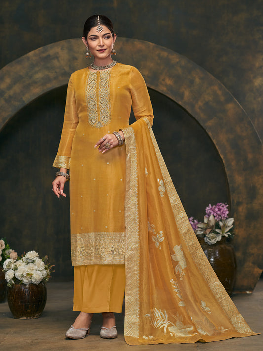 FUSHIA YELLOW Pure Fancy Simmer Unstitched Set with Intricate Handwork & Elegant Embroidery