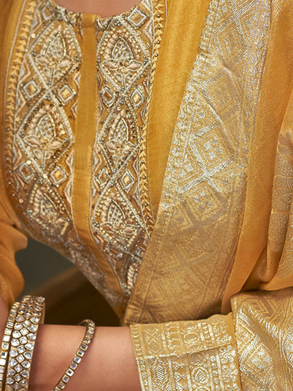 FUSHIA YELLOW Pure Fancy Simmer Unstitched Set with Intricate Handwork & Elegant Embroidery