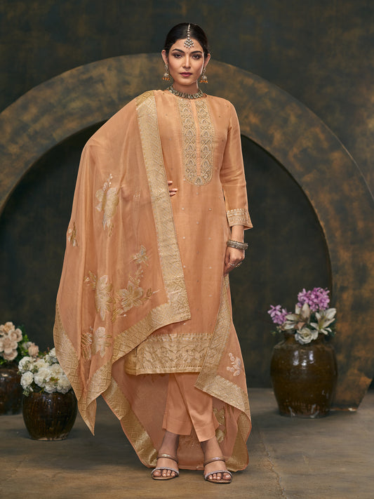 FUSHIA ORANGE Pure Fancy Simmer Unstitched Set with Intricate Handwork & Elegant Embroidery