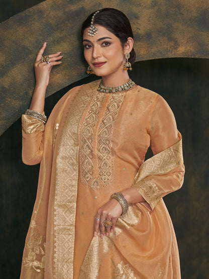 FUSHIA ORANGE Pure Fancy Simmer Suit Set with Intricate Handwork & Elegant Embroidery