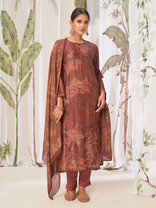 SUKOON Maron -  Muslin Suit Set With Fancy Handwork