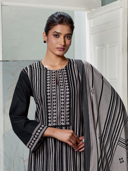 CHEVRON Black Pure Cotton Unstitched Set With Elegant Embroidery & Handwork