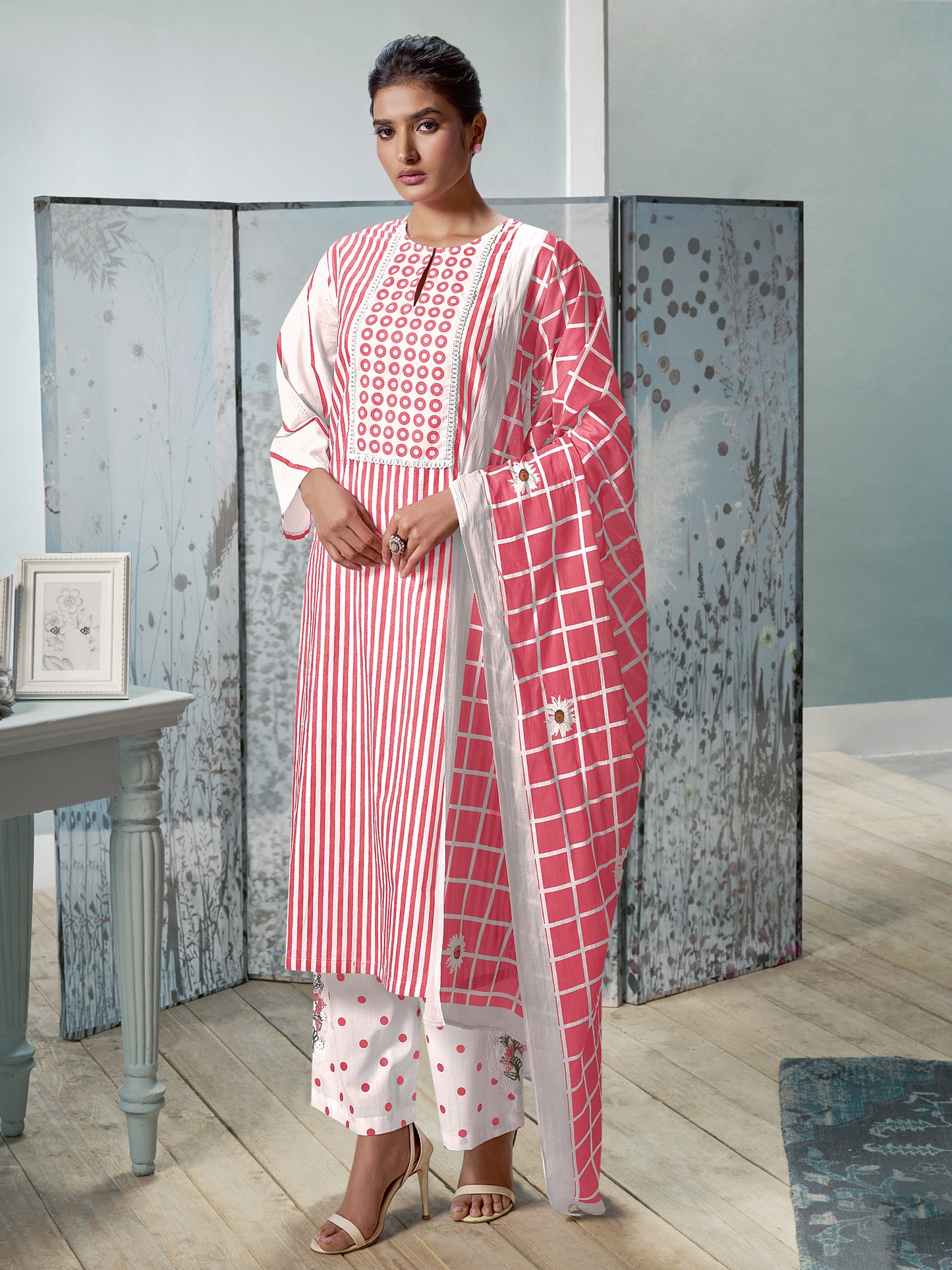 CHEVRON RUST Cotton Unstitched Set Crafted with Handwork & Stunning Embroidery