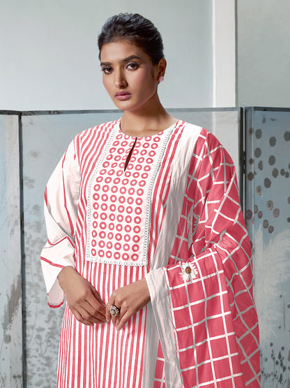 CHEVRON RUST Cotton Unstitched Set Crafted with Handwork & Stunning Embroidery