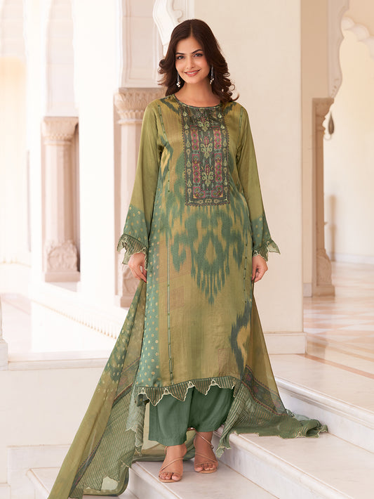 SANAYA RAMA GREEN  Gazi Unstitched Set With  Handwork & Embroidery