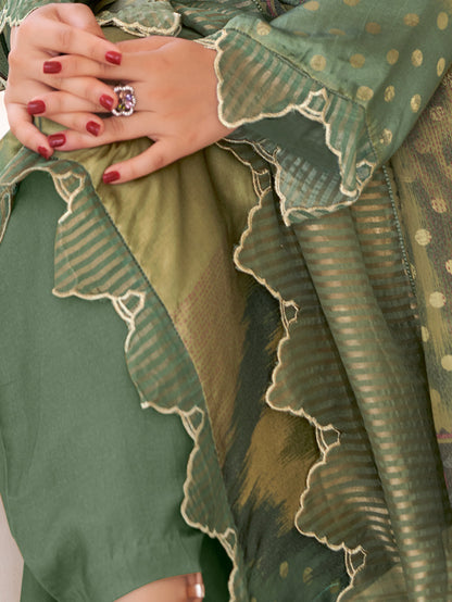 SANAYA RAMA GREEN  Gazi Unstitched Set With  Handwork & Embroidery