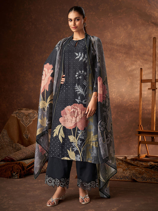 PAVITRA Black - Muslin Unstitched Set With  Handwork & Embroidery Patched Work