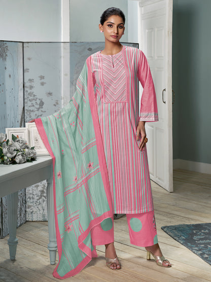 CHEVRON PINK Timeless Cotton Suit Set with Elegant Handwork & Embroidery