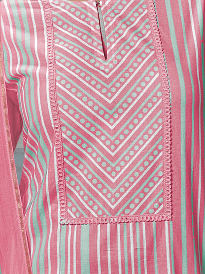 CHEVRON PINK Timeless Cotton Suit Set with Elegant Handwork & Embroidery