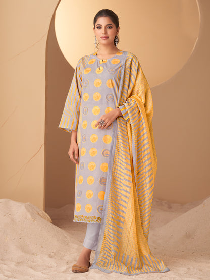 INDU YELLOW Pure Cotton Unstitched Set with Elegant Embroidery Work