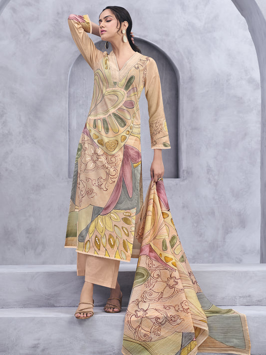 RAHAA LIGHT ORANGE Pure Cotton Unstitched Set with Graceful Handwork & Embroidery
