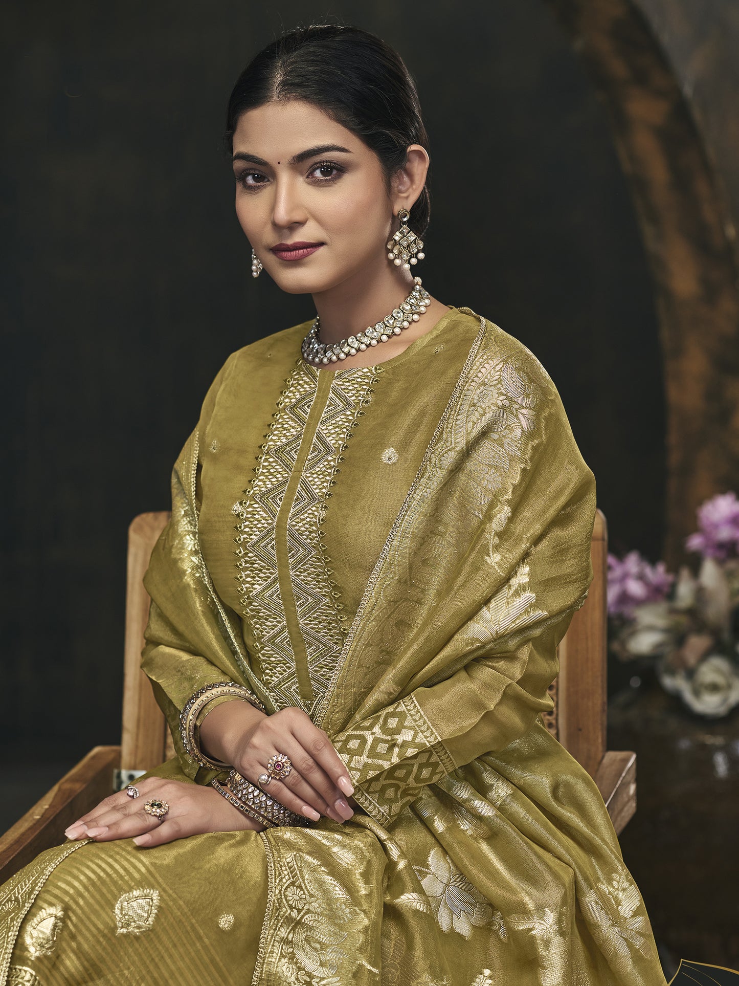 BAGAN GREEN Pure Fancy Simmer Suit Set with Intricate Handwork & Elegant Embroidery