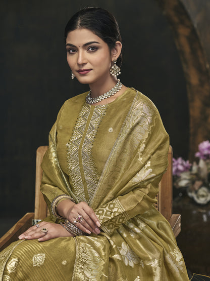 BAGAN GREEN Pure Fancy Simmer Suit Set with Intricate Handwork & Elegant Embroidery