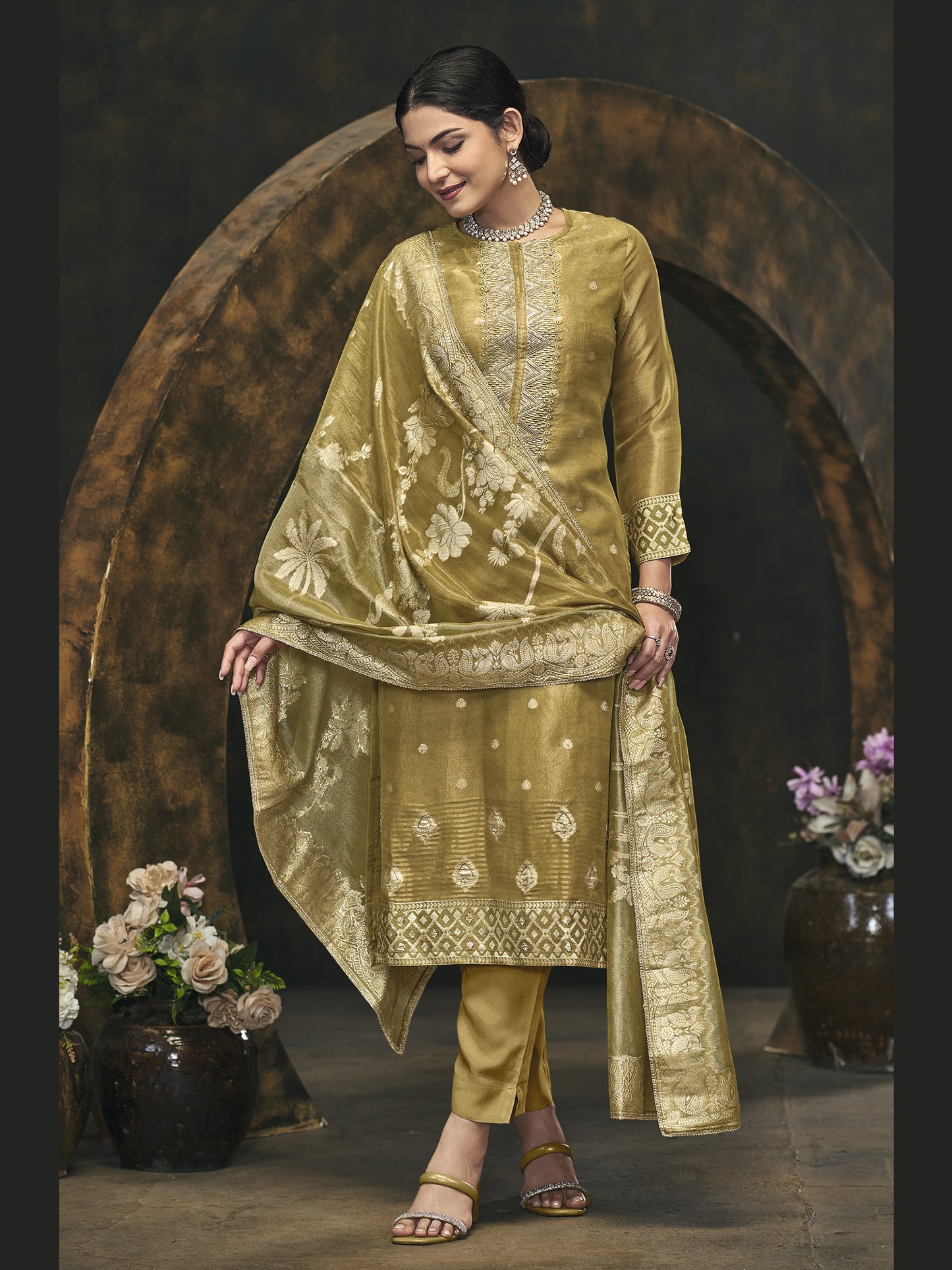 BAGAN GREEN Pure Fancy Simmer Suit Set with Intricate Handwork & Elegant Embroidery