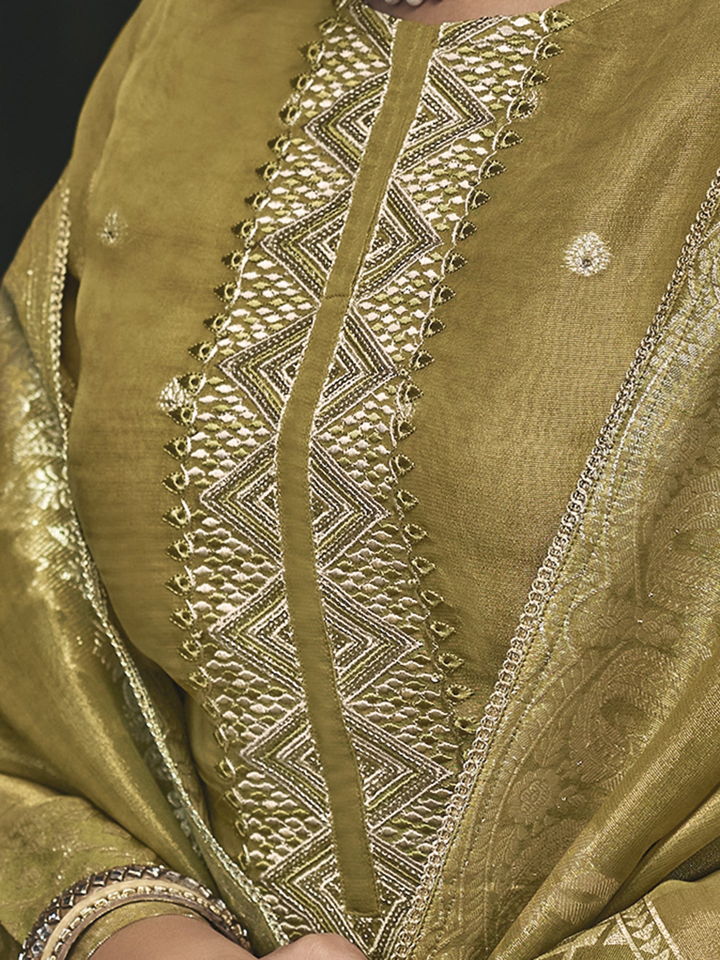 BAGAN GREEN Pure Fancy Simmer Suit Set with Intricate Handwork & Elegant Embroidery