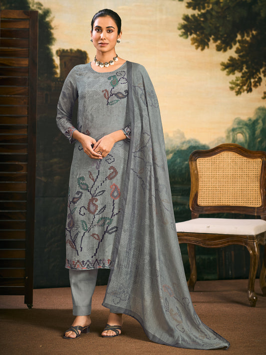 ANSHIKA GREY Muslin Unstitched Set With Fancy Handwork
