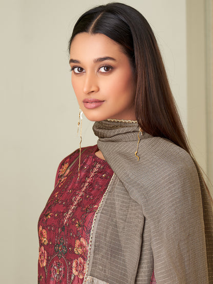 BRINDA Maron - Russian Suit Set With Attractive Handwork