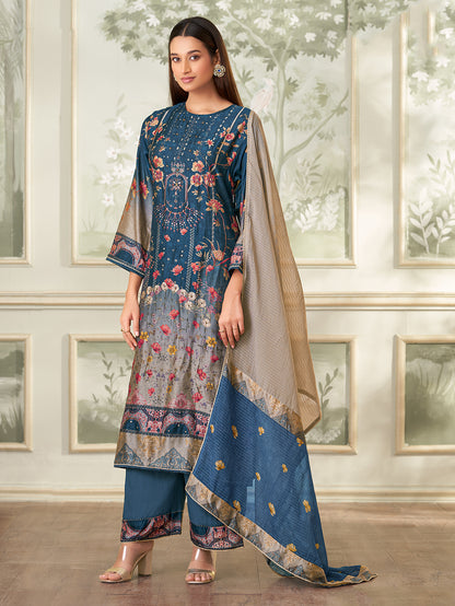 BRINDA Blue - Russian Unstitched Set With Attractive Handwork