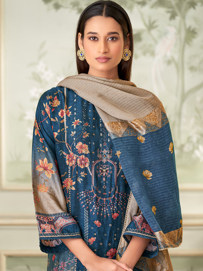 BRINDA Blue - Russian Unstitched Set With Attractive Handwork